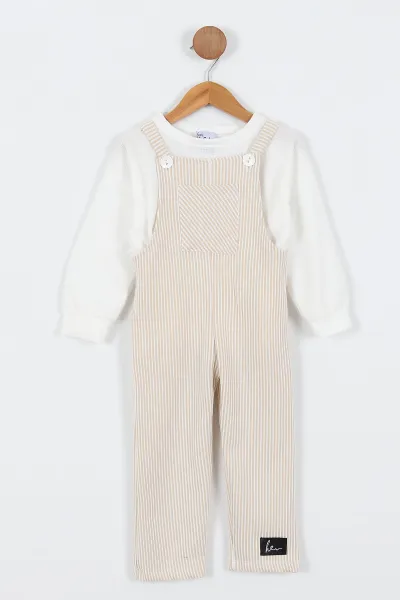 Krem (2-8 Yaş)Çizgili Badili Kız Çocuk Salopet Tulum 337455