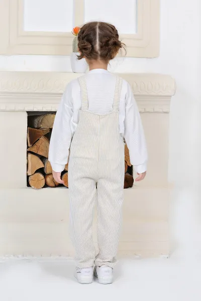 Krem (2-8 Yaş)Çizgili Badili Kız Çocuk Salopet Tulum 337455