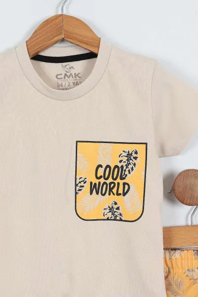 Krem (2-9 Yaş)Cool World  Baskılı Yapraklı  Şortlu Erkek Çocuk Yazlık Takım 354140