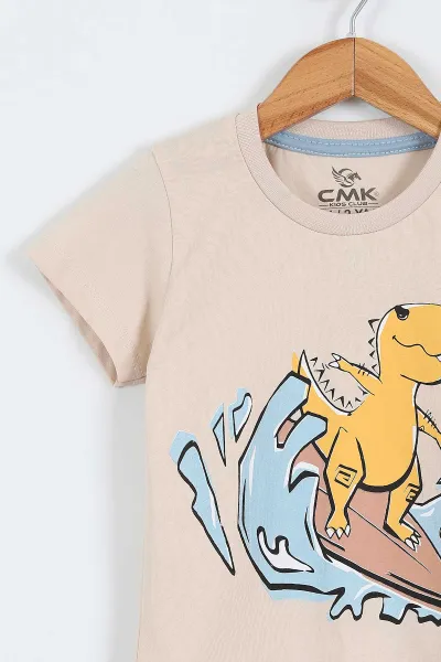 Krem (2-9 Yaş)Dinozor  Baskılı Şortlu Erkek Çocuk Yazlık Takım 354111