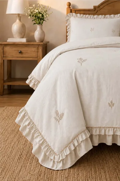 Krem 240x260 Cm Çift Kişilik Nakışlı Yatak Örtüsü Takımı 474655