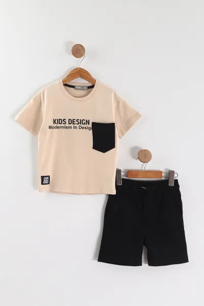 Krem (3-10 Yaş) Design Baskılı Gabardin Şortlu Erkek Çocuk Yazlık Takım 443635