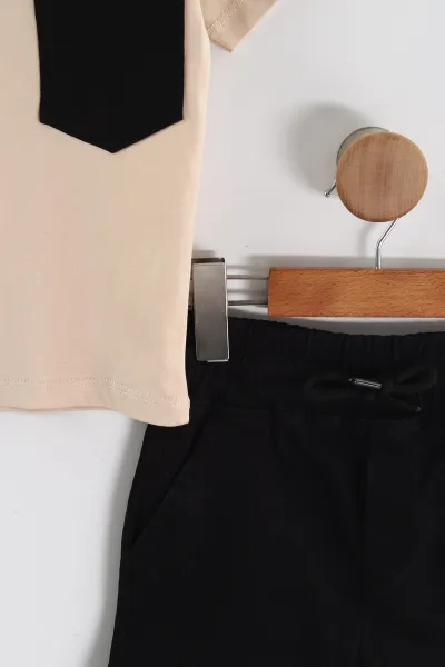 Krem (3-10 Yaş) Design Baskılı Gabardin Şortlu Erkek Çocuk Yazlık Takım 443635