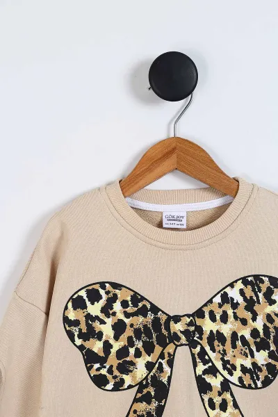 Krem (3-10 Yaş ) Fiyonklu Leopar Desen Kol Güpür Detaylı Etekli Kız Çocuk Takım 338132
