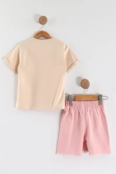 Krem (3-10 Yaş)Aplikeli Gabardin Şort Etekli Kız Çocuk Takım 450729