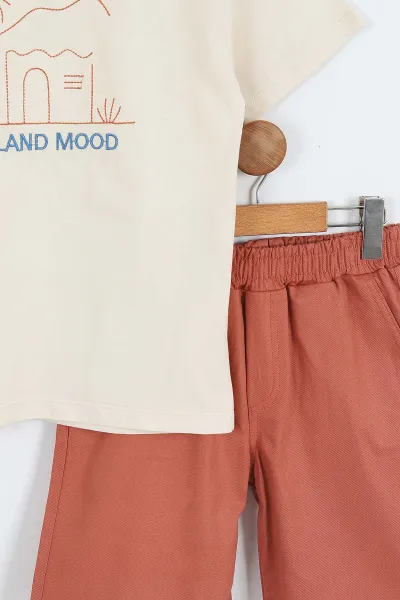 Krem (3-10 Yaş)Nakışlı Gabardin  Şortlu Erkek Çocuk Takım 356938