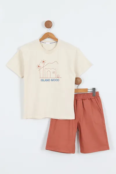 Krem (3-10 Yaş)Nakışlı Gabardin  Şortlu Erkek Çocuk Takım 356938