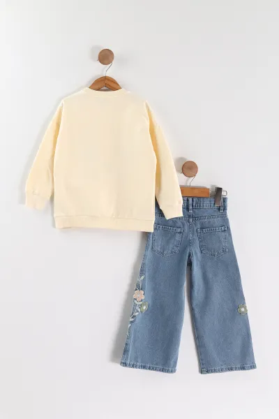 Krem (3-10 Yaş)Süzene Nakışlı Kot Pantolonlu Kız Çocuk Takım 444723
