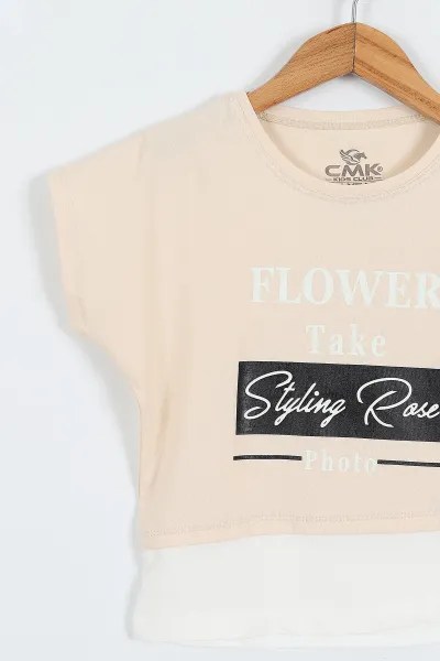 Krem (3-12 Yaş) Flower Baskılı Eklenti Detaylı Kısa Kol   Kız Çocuk Tişört 354297