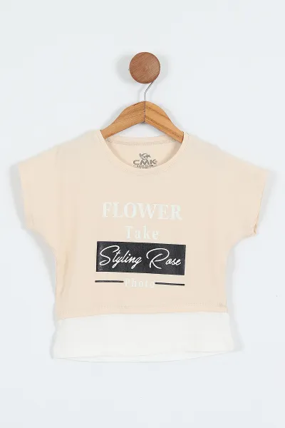 Krem (3-12 Yaş) Flower Baskılı Eklenti Detaylı Kısa Kol   Kız Çocuk Tişört 354297