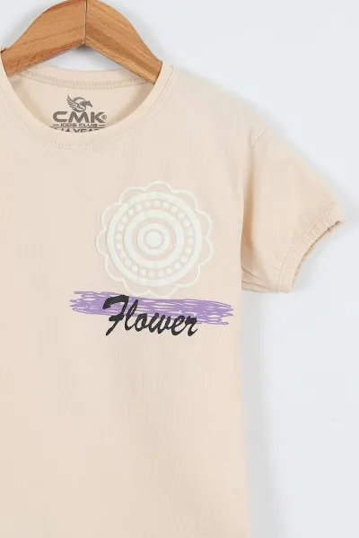 Krem (3-12 Yaş) Flower Baskılı Kol Lastikli Kız Çocuk Tişört 354291