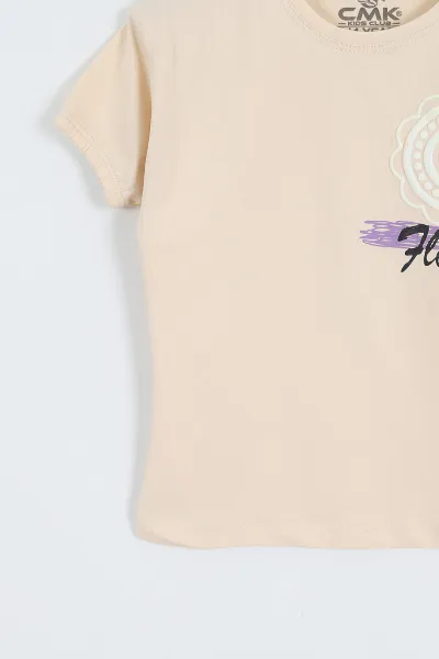 Krem (3-12 Yaş) Flower Baskılı Kol Lastikli Kız Çocuk Tişört 354291