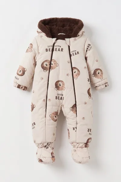 Krem (3-18 Ay)  Little Bear Desenli İçi Kürklü Çıkarılabilir Patik ve Eldivenli Kapüşonlu Bebek Kozmonot Astronot Tulum 496426