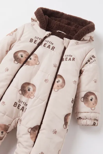 Krem (3-18 Ay)  Little Bear Desenli İçi Kürklü Çıkarılabilir Patik ve Eldivenli Kapüşonlu Bebek Kozmonot Astronot Tulum 496426