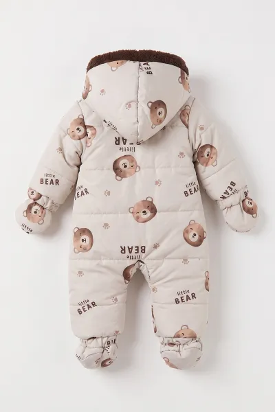 Krem (3-18 Ay)  Little Bear Desenli İçi Kürklü Çıkarılabilir Patik ve Eldivenli Kapüşonlu Bebek Kozmonot Astronot Tulum 496426