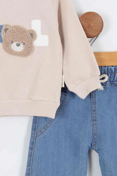 Krem (3-18 Ay)Cool Süzene Nakışlı Kot Pantolonlu Erkek Bebek Takım 316156
