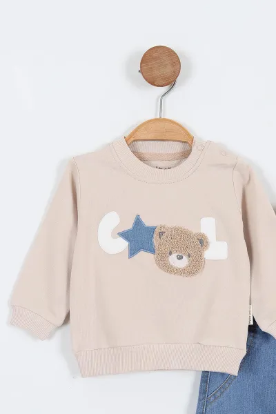 Krem (3-18 Ay)Cool Süzene Nakışlı Kot Pantolonlu Erkek Bebek Takım 316156