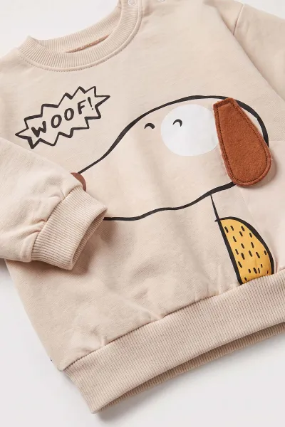 Krem (3-24 Ay) Woof Baskılı 2 İp  Alt Çimalı Erkek Bebek Takım 480842