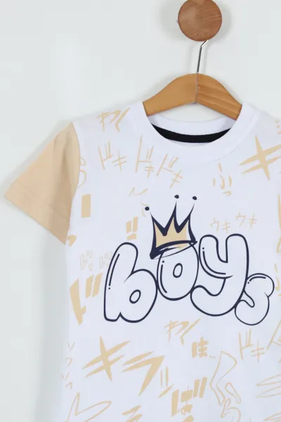 Krem (3-6 Yaş) Boy Baskılı  Şortlu Erkek Çocuk Takım 254494