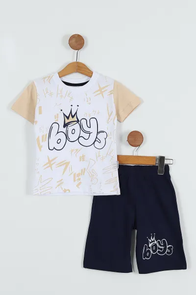Krem (3-6 Yaş) Boy Baskılı  Şortlu Erkek Çocuk Takım 254494