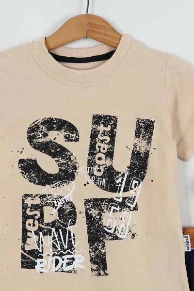 Krem (3-6 Yaş) Surf Baskılı  Şortlu Erkek Çocuk Takım 254499