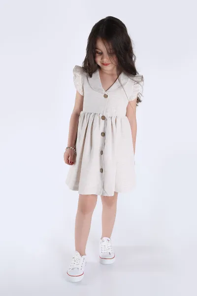 Krem (3-7 Yaş) Düğmeli Kol Fırfırlı Astarlı Kız Çocuk Elbise 266450