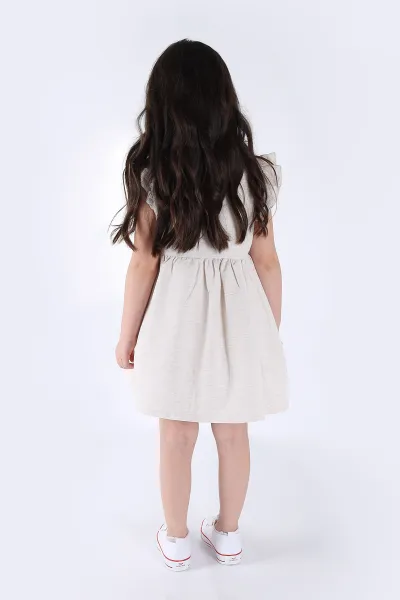 Krem (3-7 Yaş) Düğmeli Kol Fırfırlı Astarlı Kız Çocuk Elbise 266450