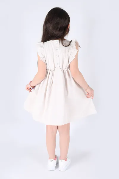 Krem (3-7 Yaş) Fiyonklu Kol Fırfırlı Astarlı Kız Çocuk Elbise 267241