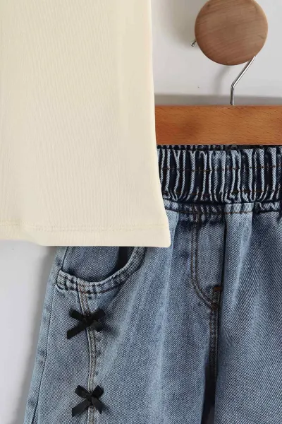 Krem (3-7 Yaş)Kalp Nakışlı Fiyonklu Kot Şortlu Kız Çocuk Takım 455274
