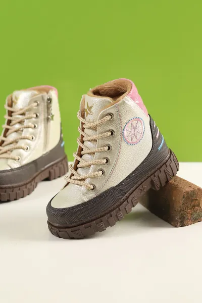 Krem (31-35 Filet) Pusula Nakışlı Fermuarlı İçi Kürklü Kız Çocuk Bot 228750