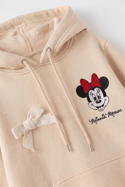 Krem (4-12 Yaş) Karakter Nakışlı Kapüşonlu 3 İp Şardonlu Kız Çocuk Sweatshirt 495037