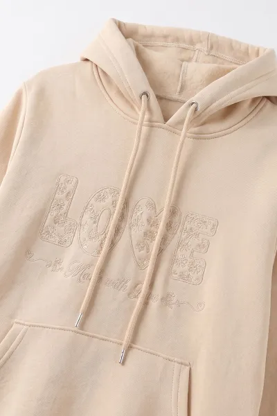 Krem (4-12 Yaş) Love Nakışlı Kapüşonlu 3 İp Şardonlu Kız Çocuk Sweatshirt 495032