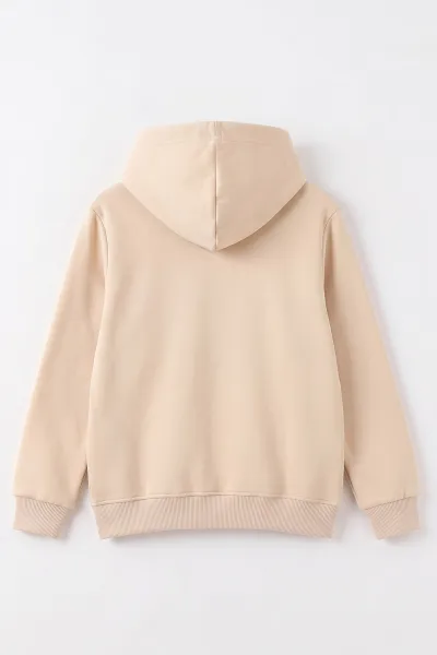 Krem (4-12 Yaş) Love Nakışlı Kapüşonlu 3 İp Şardonlu Kız Çocuk Sweatshirt 495032