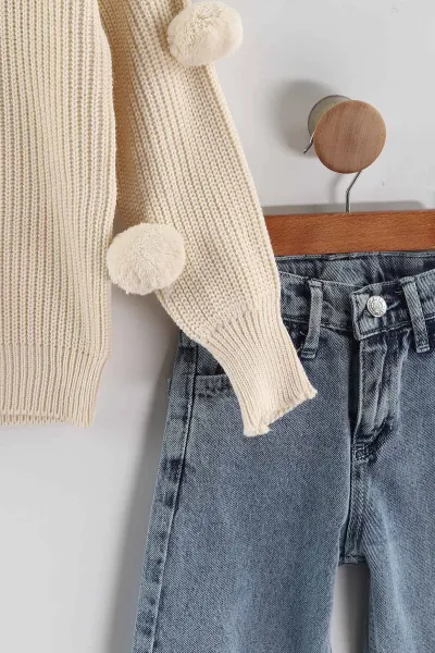 Krem (4-12  Yaş)  Ponponlu Triko Kazaklı Kot Pantolonlu Kız Çocuk Takım 443355