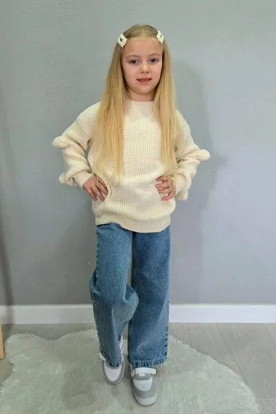 Krem (4-12  Yaş)  Ponponlu Triko Kazaklı Kot Pantolonlu Kız Çocuk Takım 443355