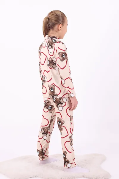 Krem (4-12 Yaş)Ayıcık Desenli Düğmeli Kız Çocuk Pijama Takımı 329805