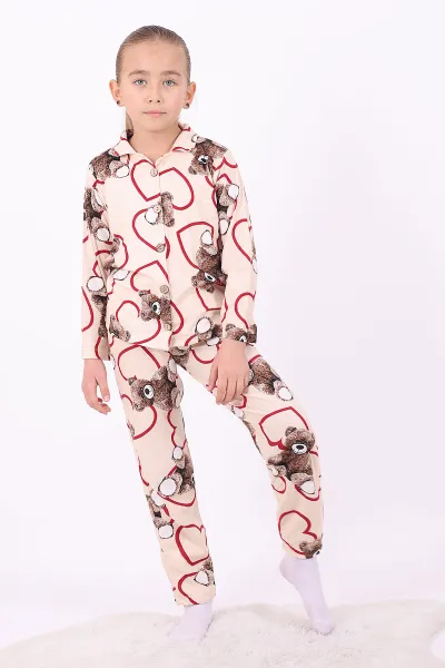 Krem (4-12 Yaş)Ayıcık Desenli Düğmeli Kız Çocuk Pijama Takımı 329805