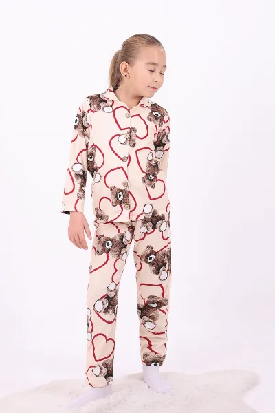Krem (4-12 Yaş)Ayıcık Desenli Düğmeli Kız Çocuk Pijama Takımı 329805