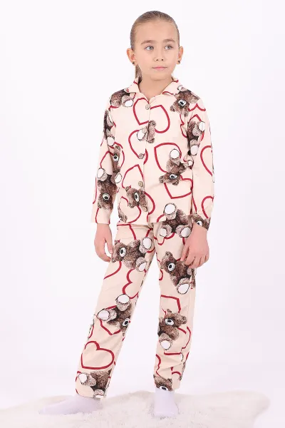 Krem (4-12 Yaş)Ayıcık Desenli Düğmeli Kız Çocuk Pijama Takımı 329805