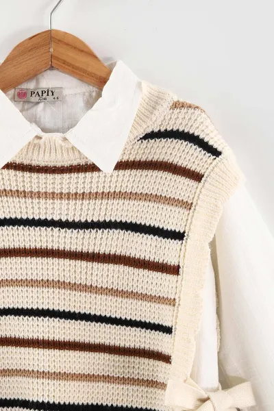 Krem (4-12 Yaş)Çizgili Yandan Bağlama Triko Süveterli Gömlek Kot Pantolonlu Kız Çocuk 3'lü Takım 433749