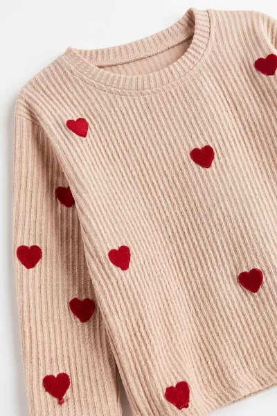 Krem (5-8 Yaş) Kalp Nakışlı Kız Çocuk Sweatshirt 493747