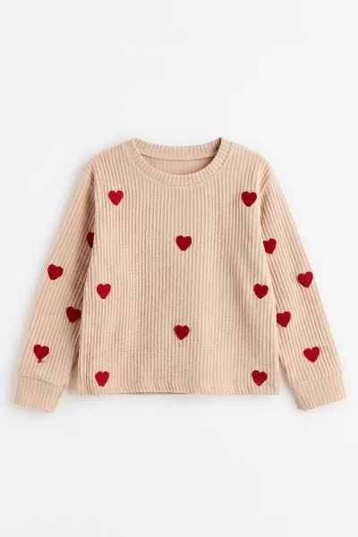 Krem (5-8 Yaş) Kalp Nakışlı Kız Çocuk Sweatshirt 493747