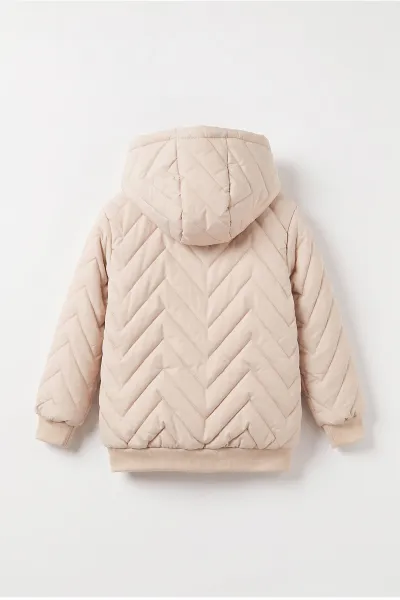 Krem (5-9 Yaş) Çavuş Desenli Kapüşonlu Erkek Çocuk Mont 494210