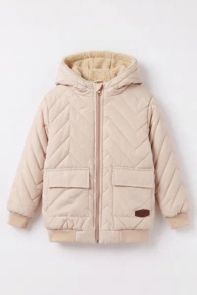 Krem (5-9 Yaş) Çavuş Desenli Kapüşonlu Kız Çocuk Mont 494214