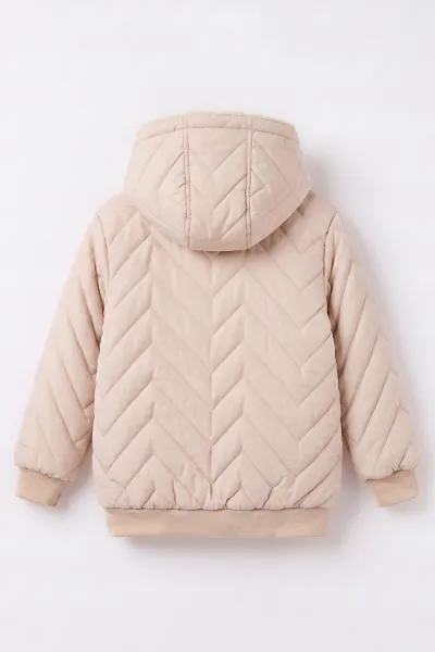 Krem (5-9 Yaş) Çavuş Desenli Kapüşonlu Kız Çocuk Mont 494214