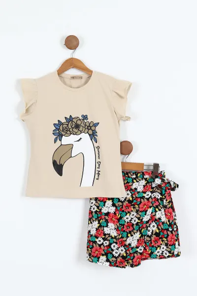 Krem (6-14 Yaş)Summer Day Baskılı Çiçekli  Şort Etekli  Kız Çocuk Yazlık Takım 342708