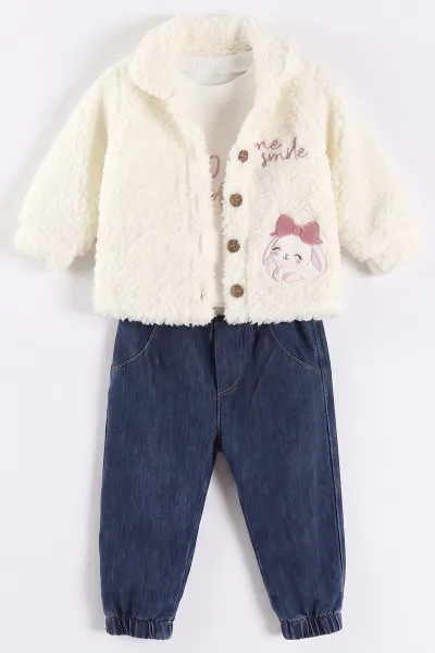Krem (6-18 Ay) Me Smile Nakışlı Wellsoft Kot Pantolonlu Kız Bebek 3'lü Takım 492403