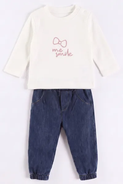 Krem (6-18 Ay) Me Smile Nakışlı Wellsoft Kot Pantolonlu Kız Bebek 3'lü Takım 492403