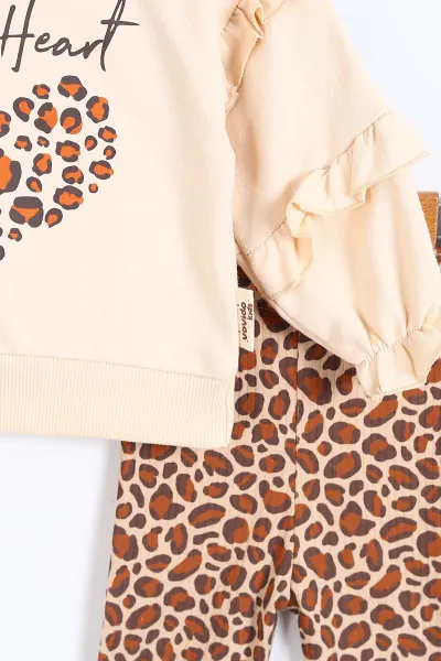 Krem (6-24 Ay ) Leopar Taytlı Kalp Baskılı Kız Bebek Takım 336003