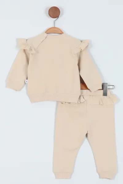 Krem (6-24 Ay) Nakışlı Fırfırlı Kız Bebe Takım 226785